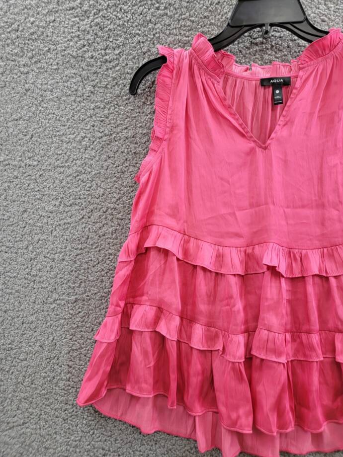 AQUA Satin Ruffled Tank Top Women's XS Hot Pink Vneck Sleeveless Pullover Style