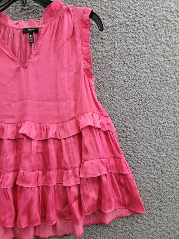 AQUA Satin Ruffled Tank Top Women's XS Hot Pink Vneck Sleeveless Pullover Style