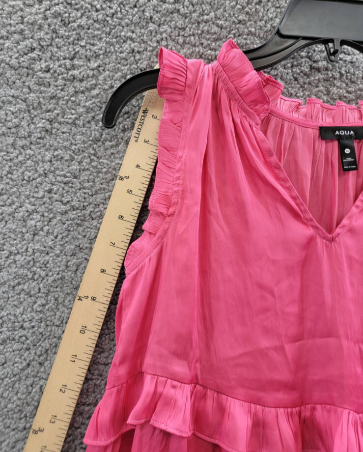 AQUA Satin Ruffled Tank Top Women's XS Hot Pink Vneck Sleeveless Pullover Style