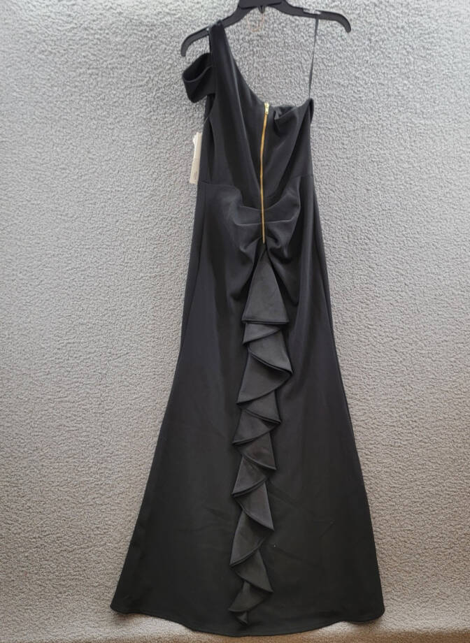 AQUA One-Shoulder Ruffled Gown Women's 6 Black Asymmetric Back Zip Closure