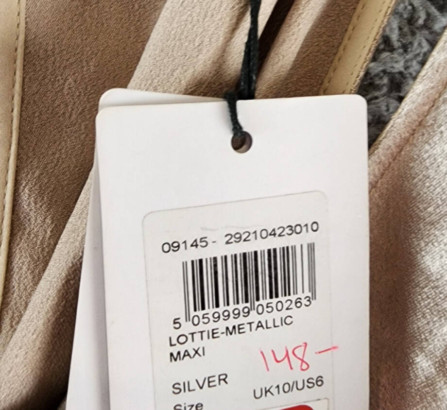 REISS Lottie Metallic Maxi Dress Women's 6 Silver Scoop Neck Back Button Closure