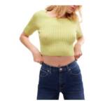 Free People Textured Short Sleeves Crop Sweater Top Women's M Sunny Lime Solid