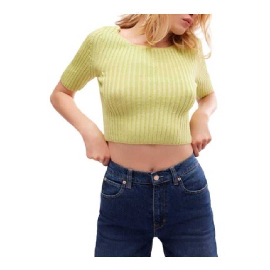 Free People Textured Short Sleeves Crop Sweater Top Women's M Sunny Lime Solid