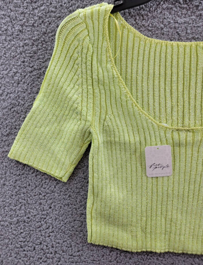 Free People Textured Short Sleeves Crop Sweater Top Women's M Sunny Lime Solid