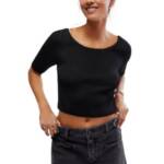 Free People Textured Short Sleeves Crop Sweater Top Women's XS Black Pullover