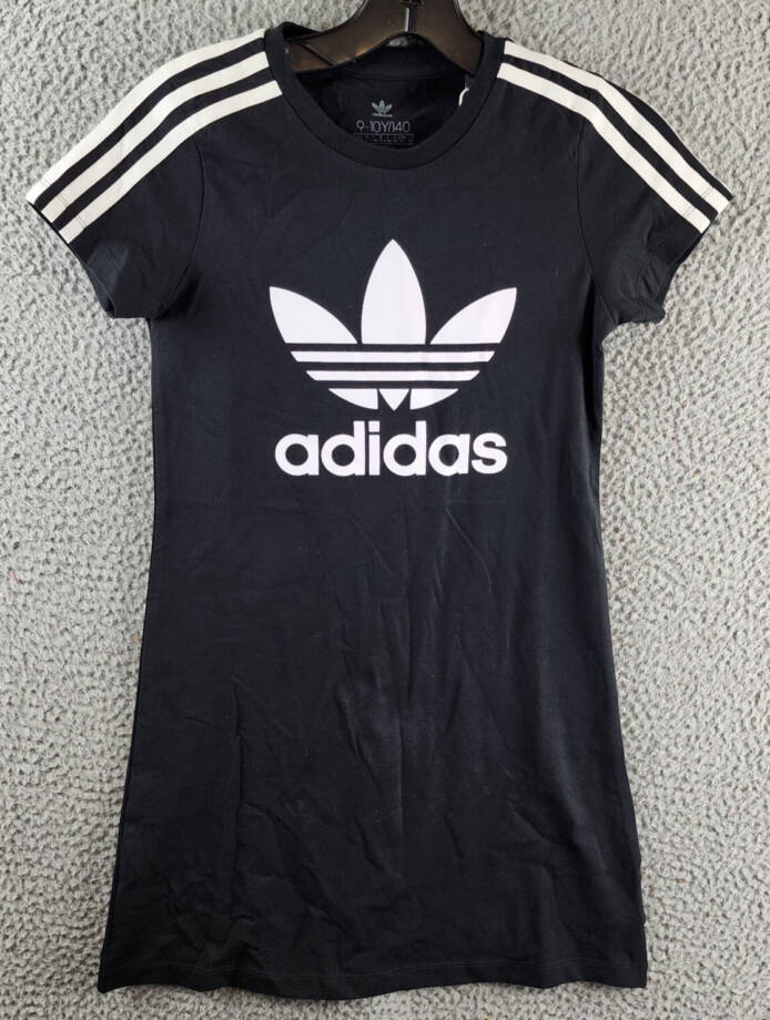 adidas Logo Front Skater Dress Girls S 9-10Y Black/White Crewneck Short Sleeves