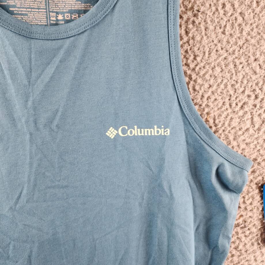 Columbia Explore the Outdoors Graphic Tank Top Mens S/P Blue Crewneck Sleeveless