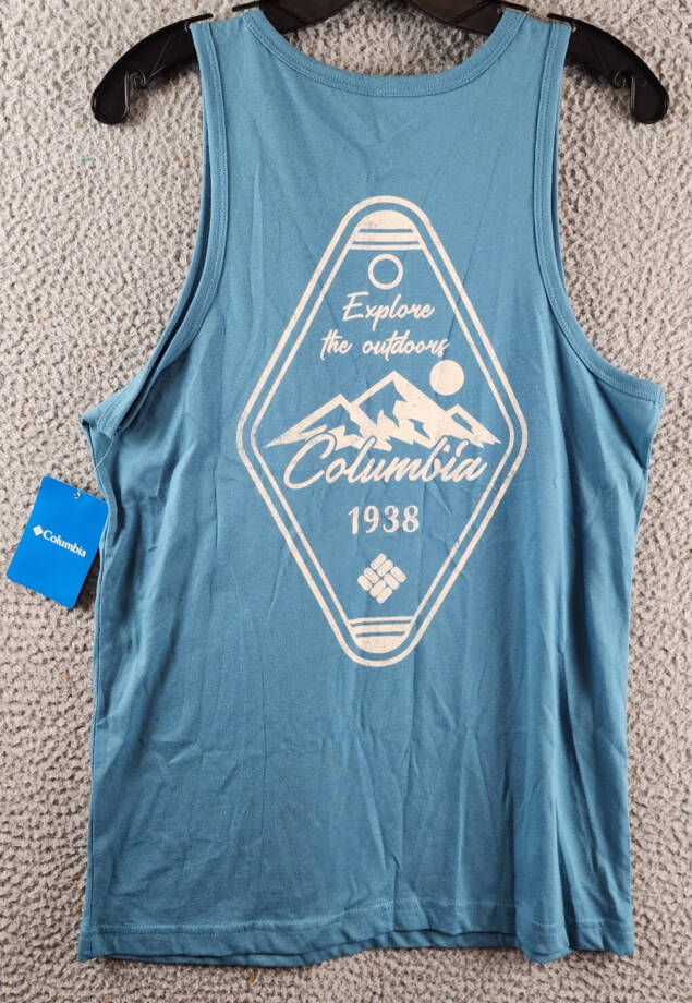 Columbia Explore the Outdoors Graphic Tank Top Mens S/P Blue Crewneck Sleeveless