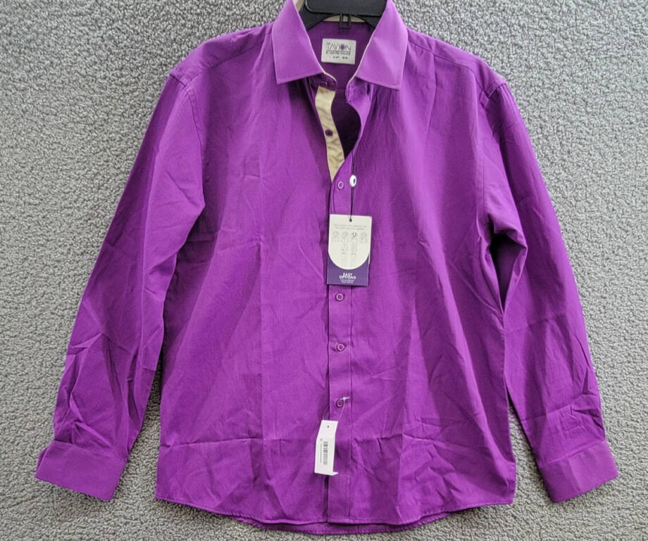 Tayion Collection Slim-Fit Gold Trim Dress Shirt Men's L 16-16.5 32-33 Purple