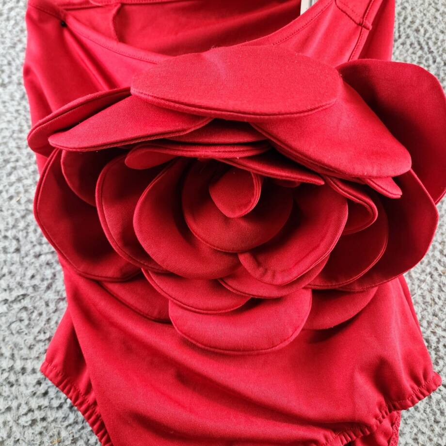 Another Mode 3D Flower Appliques Designer One Shoulder Bodysuits Women's M Red