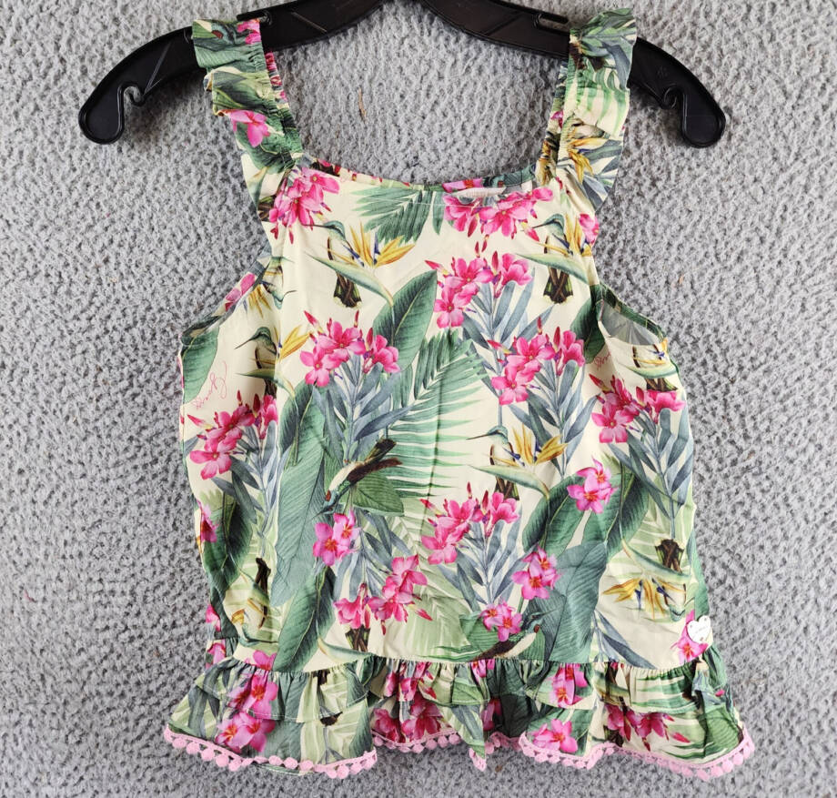 Guess Printed Poplin Tank Top Big Girls 12 Botanical Print Ruffle Back Button