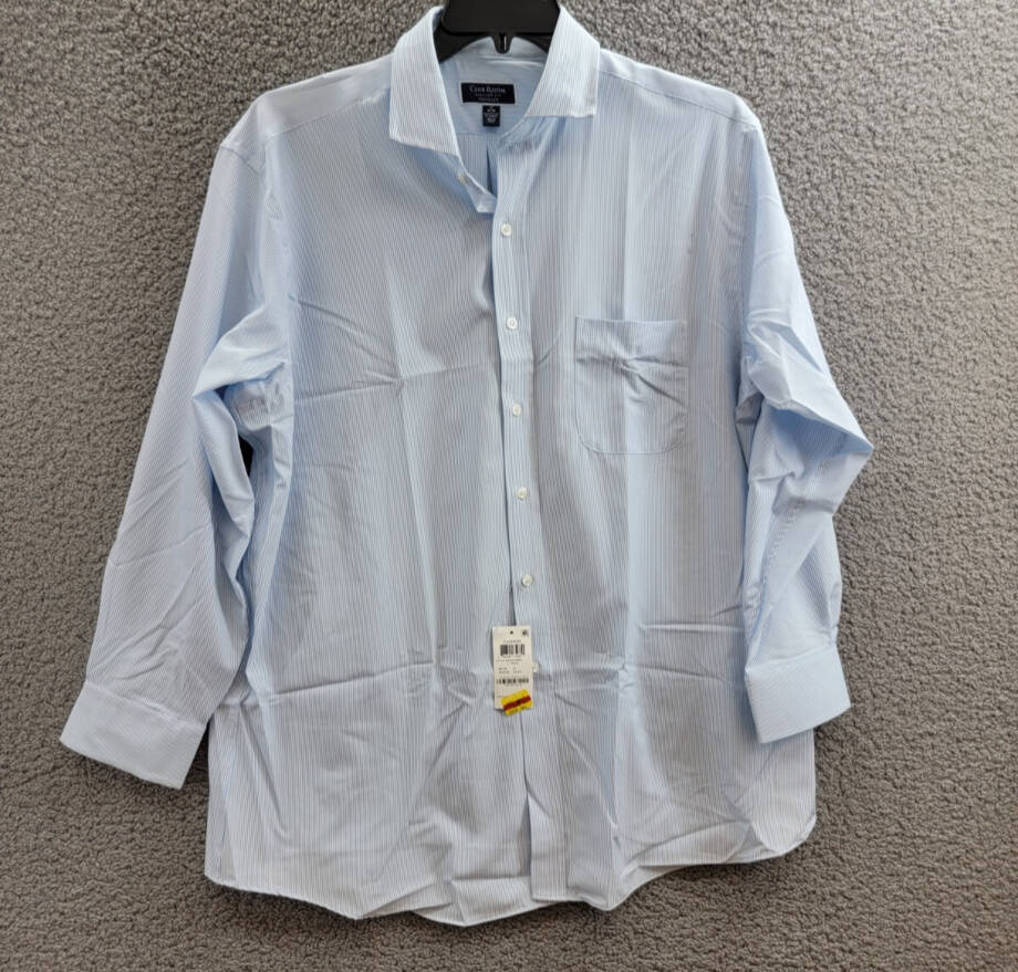 Club Room Regular Fit Traveler Fine Stripe Dress Shirt Men's 17 32/33 Light Blue