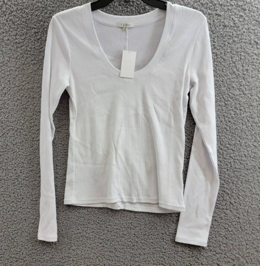 Z Supply Sirena Ribbed Long Sleeve Tee Women's M White Solid Scoop Neck Pullover