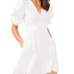 1.STATE Bubble Sleeve V-Neck Dress Women's XS New Ivory Short Sleeve Back Zip