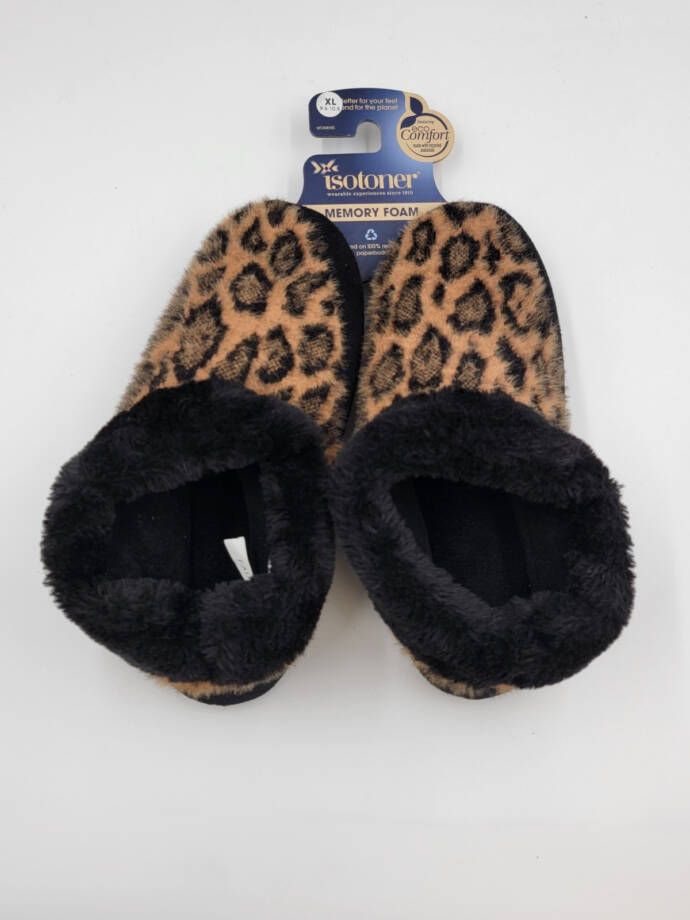 Isotoner Memory Foam Cheetah Comfort Booth Slippers Women's XL 9.5-10.5 Beige