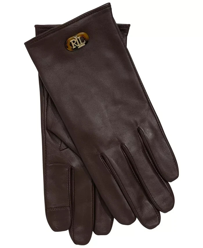 Lauren Ralph Lauren Oval Logo Leather Touch Gloves Women's L Country Brown