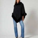 Adrienne Landau Faux Fur Trim Poncho Women's One Size Black Pullover Style
