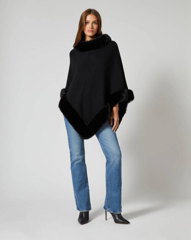 Adrienne Landau Faux Fur Trim Poncho Women's One Size Black Pullover Style
