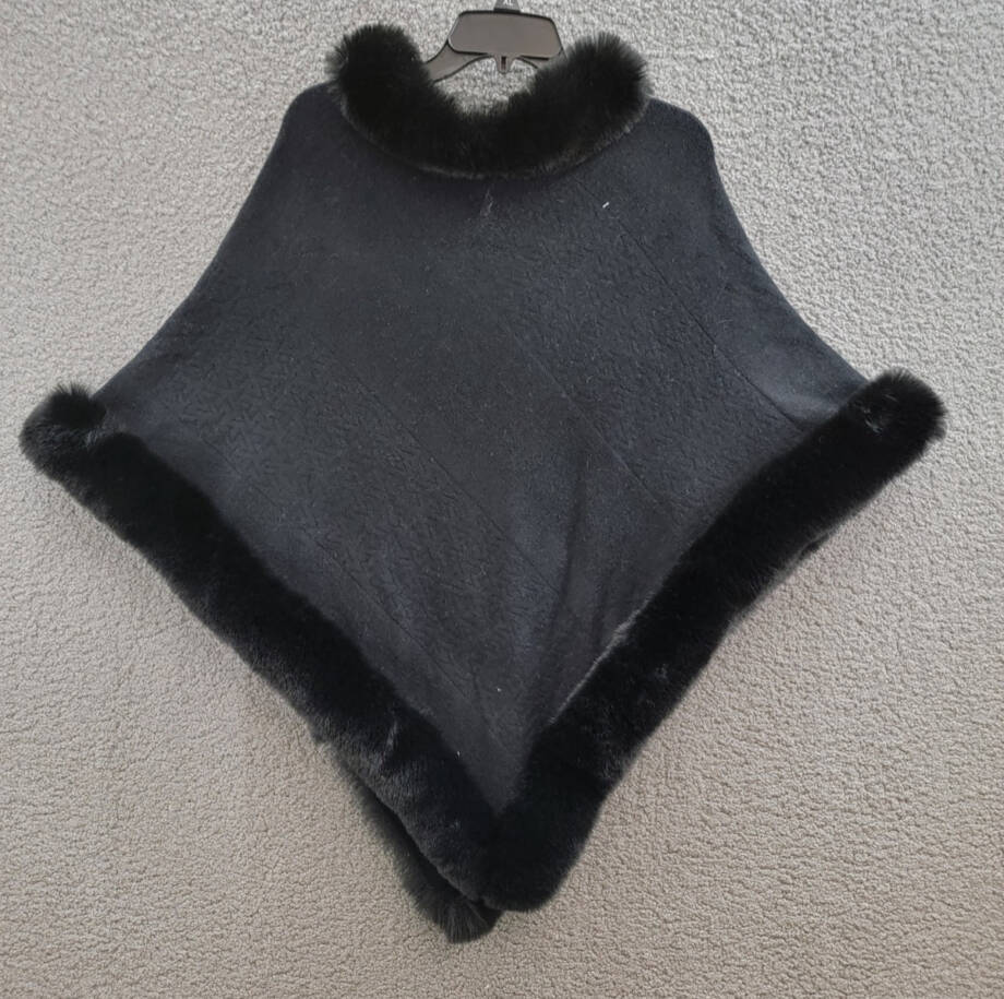 Adrienne Landau Faux Fur Trim Poncho Women's One Size Black Pullover Style