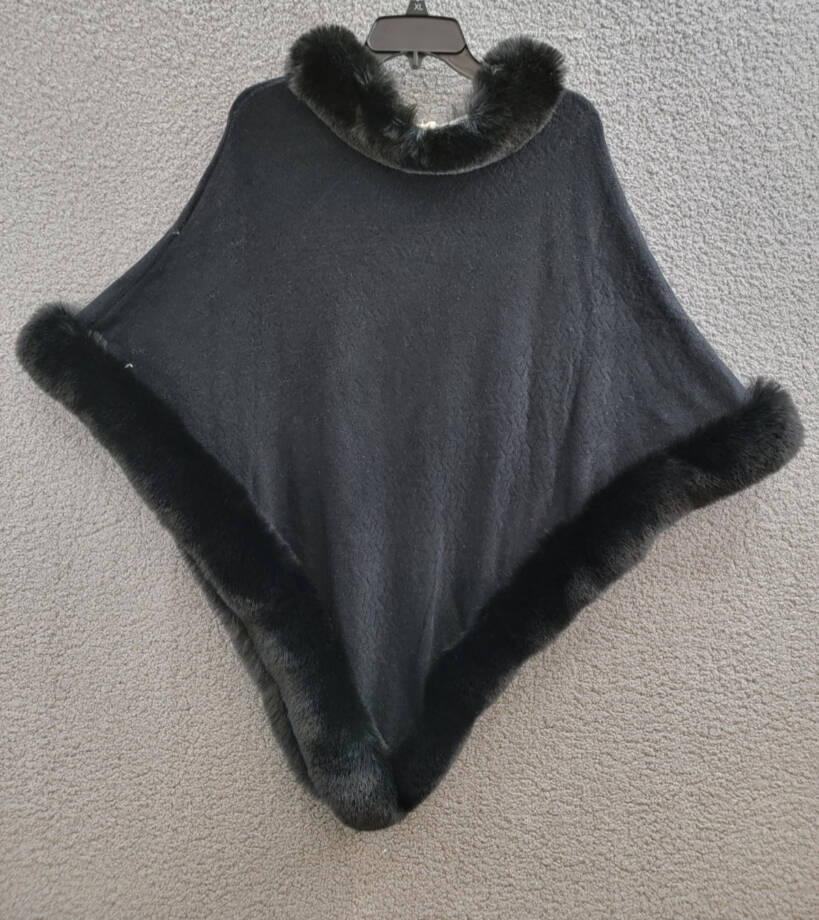 Adrienne Landau Faux Fur Trim Poncho Women's One Size Black Pullover Style