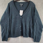 C by Bloomingdale's Cashmere V Neck Cardigan Women's L Dark Green Button Closure