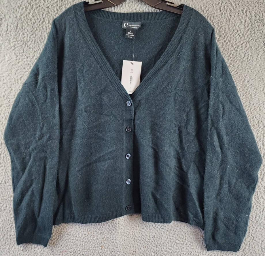 C by Bloomingdale's Cashmere V Neck Cardigan Women's L Dark Green Button Closure