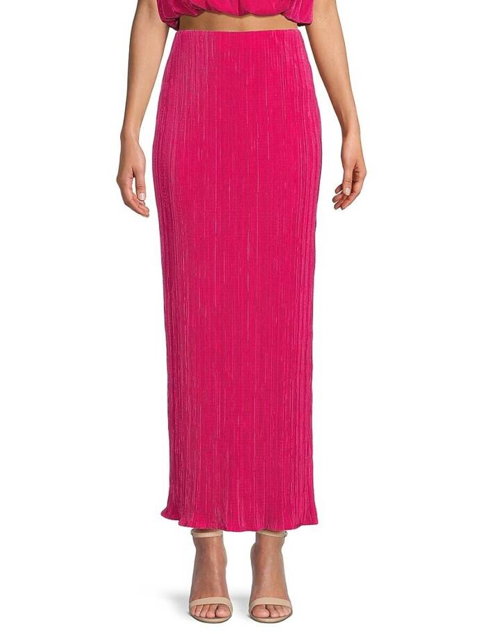 Renee C. Plisse Side Slit Maxi Skirt Women's S Pink Solid Elastic Waist Pull On