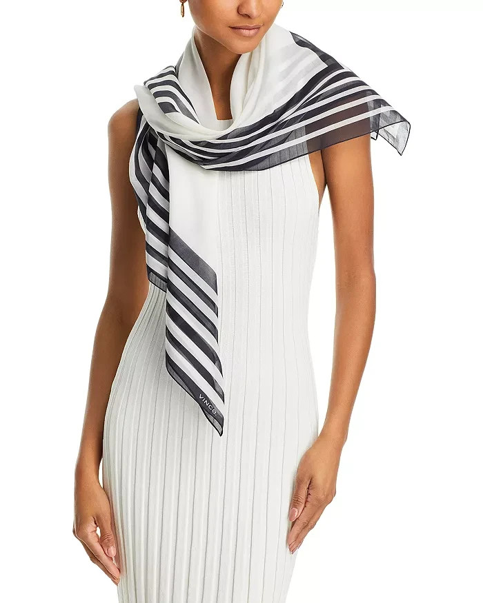 Vince Silk Blend Geo Stripe Square Scarf Women's One Size Black/White