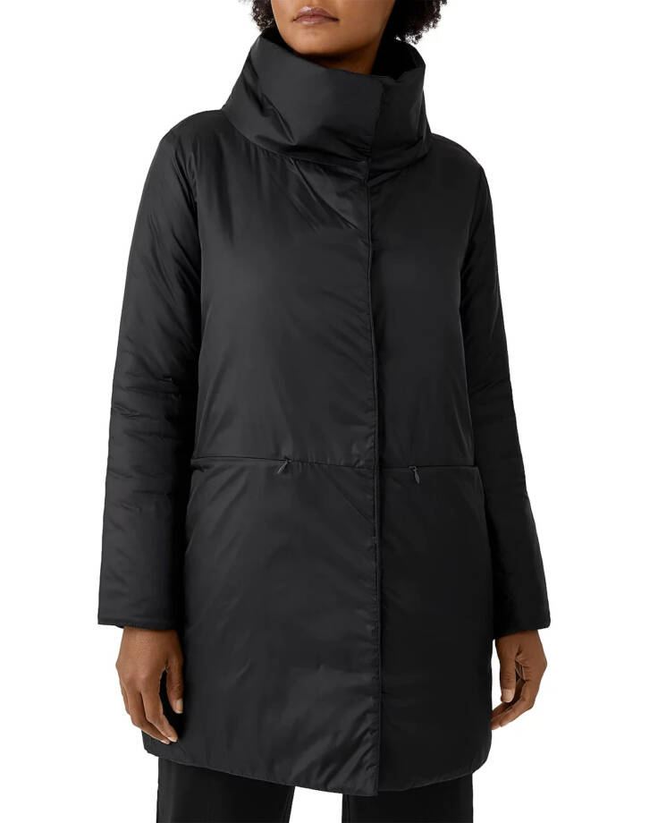 Eileen Fisher Stand Collar Coat Women's L Black Solid Zip Pockets Snap Closure