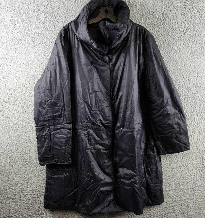 Eileen Fisher Stand Collar Coat Women's L Black Solid Zip Pockets Snap Closure