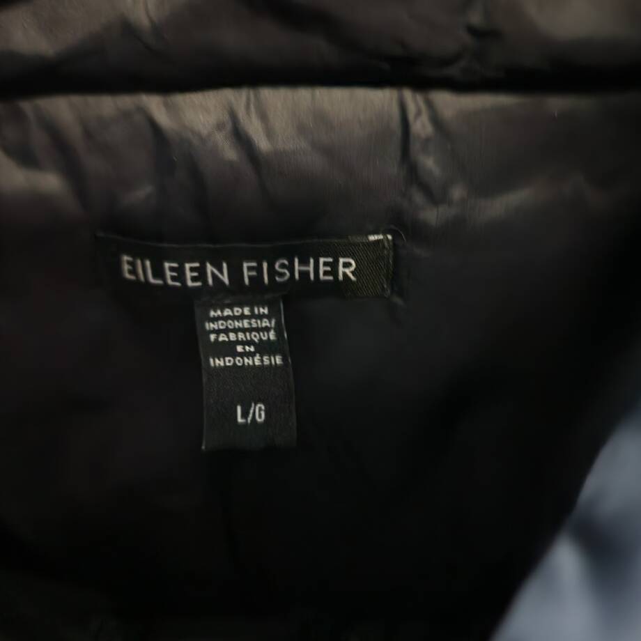 Eileen Fisher Stand Collar Coat Women's L Black Solid Zip Pockets Snap Closure