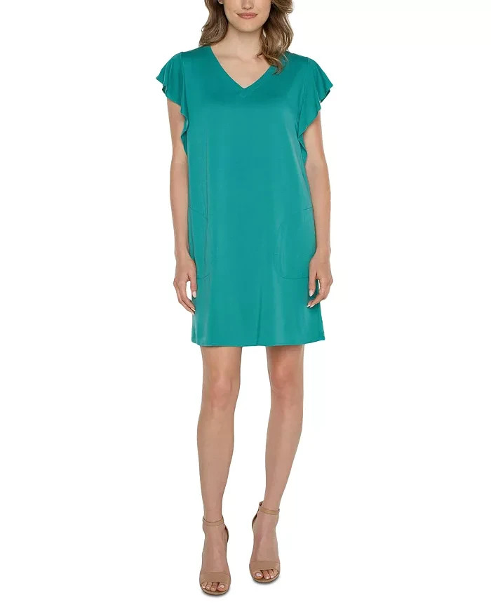 Liverpool Los Angeles Flutter Sleeve Dress Women's S Mermaid Teal Vneck Pullover
