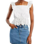 KOKO + MASON Eyelet Ruffle Top Women's M White Square Neck Sleeveless Pullover