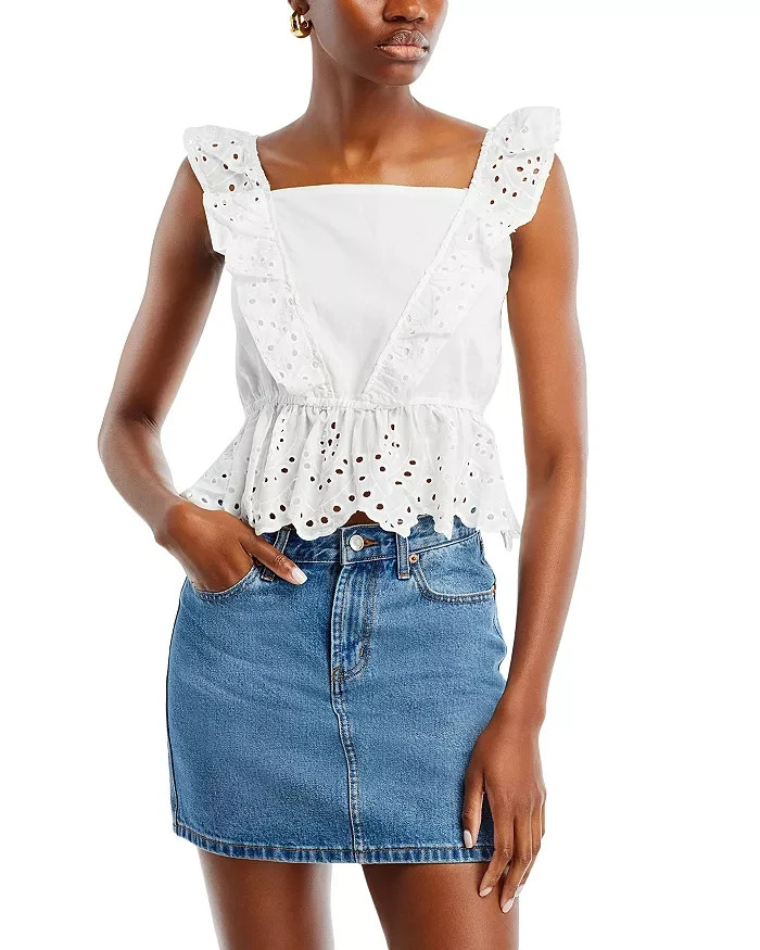 KOKO + MASON Eyelet Ruffle Top Women's M White Square Neck Sleeveless Pullover