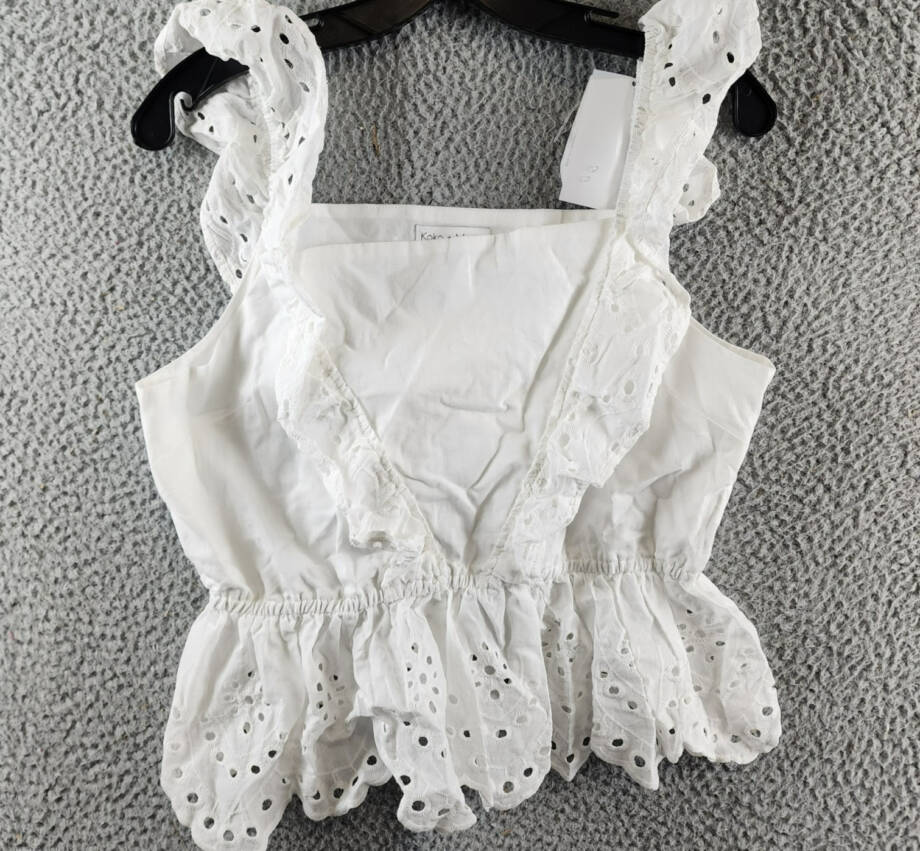 KOKO + MASON Eyelet Ruffle Top Women's M White Square Neck Sleeveless Pullover