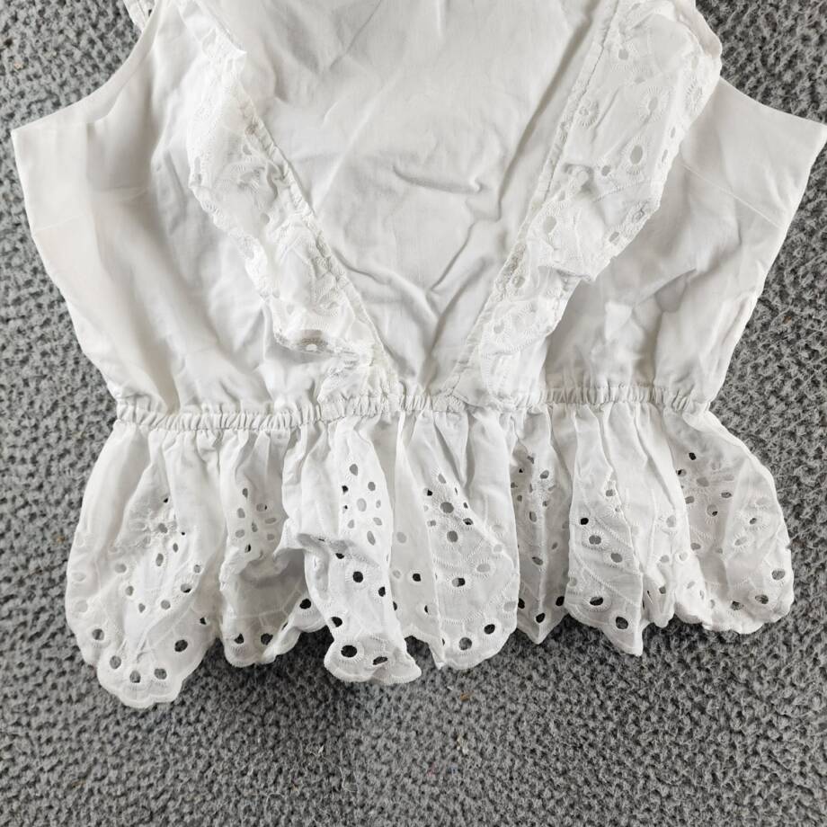 KOKO + MASON Eyelet Ruffle Top Women's M White Square Neck Sleeveless Pullover