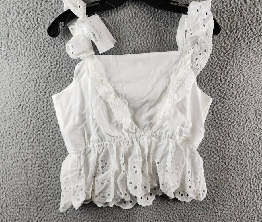 KOKO + MASON Eyelet Ruffle Top Women's M White Square Neck Sleeveless Pullover