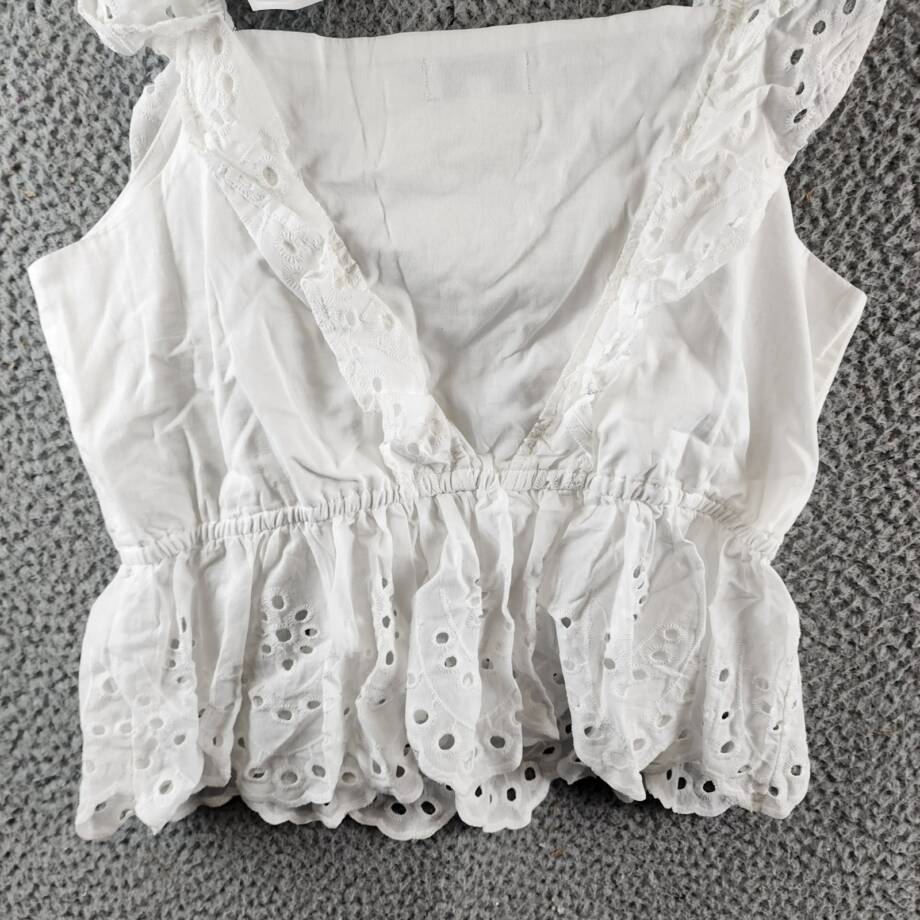 KOKO + MASON Eyelet Ruffle Top Women's M White Square Neck Sleeveless Pullover
