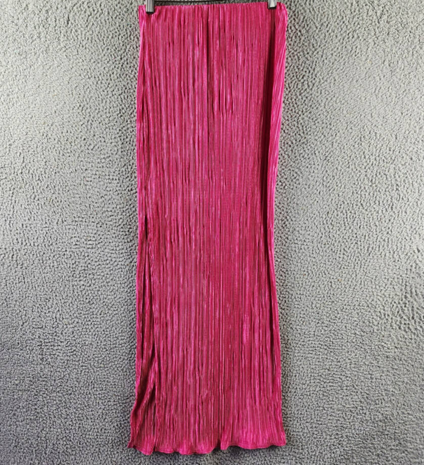 Renee C. Plisse Side Slit Maxi Skirt Women's S Pink Solid Elastic Waist Pull On