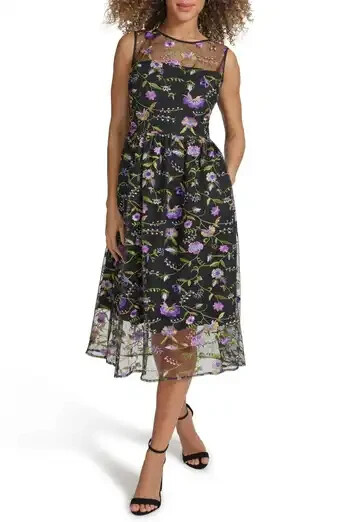 Kensie Floral Embroidered Mesh Fit & Flare Midi Dress Women's 8 Black Multi