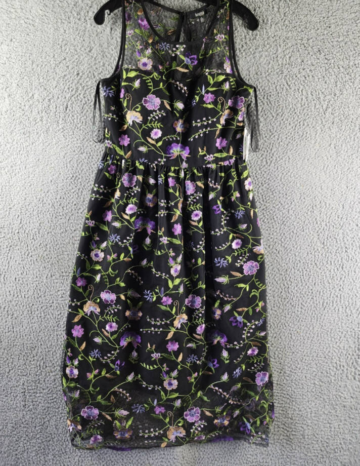 Kensie Floral Embroidered Mesh Fit & Flare Midi Dress Women's 8 Black Multi