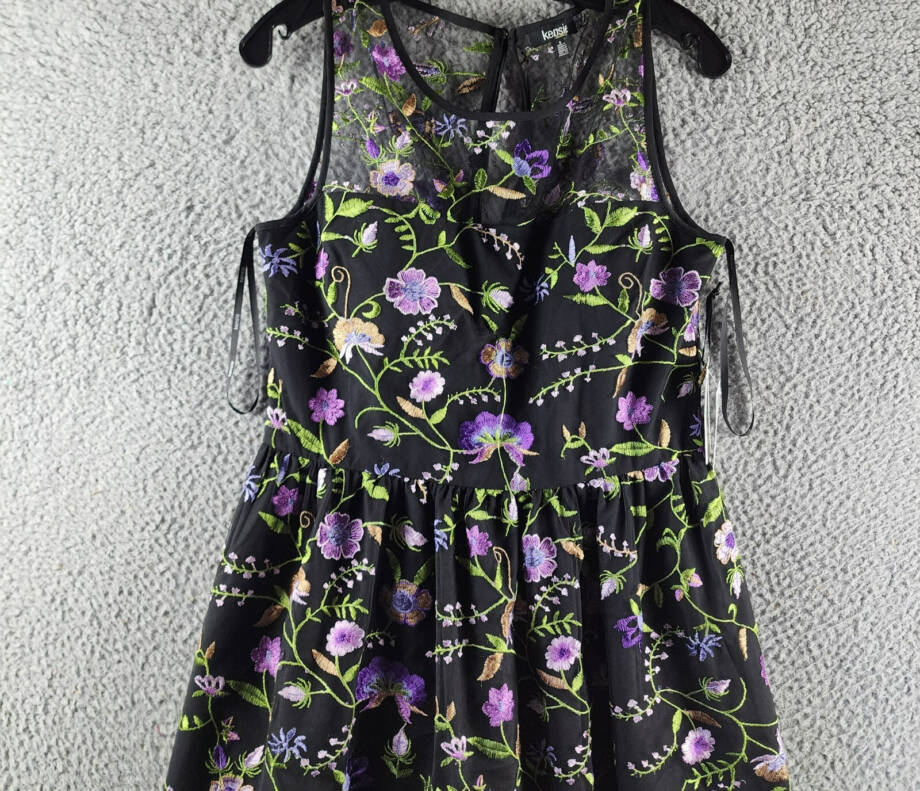 Kensie Floral Embroidered Mesh Fit & Flare Midi Dress Women's 8 Black Multi