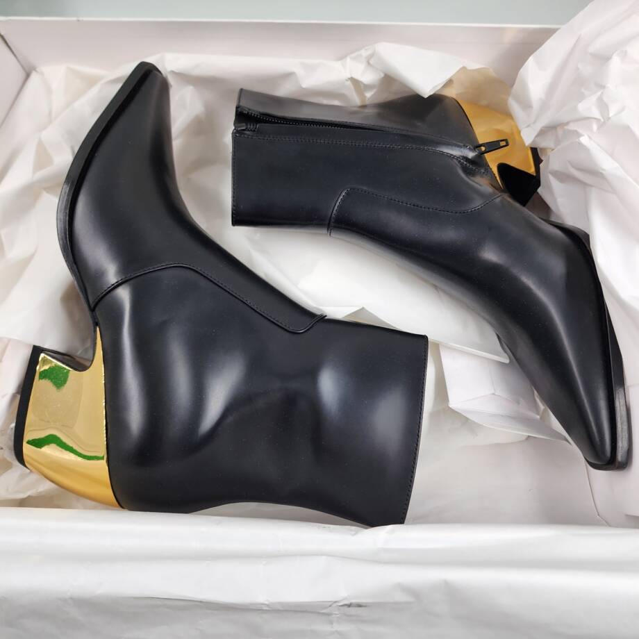 Bottega Veneta Tex Block Heel Booties Women's 35.5/5.5 US Black/Gold Side Zip