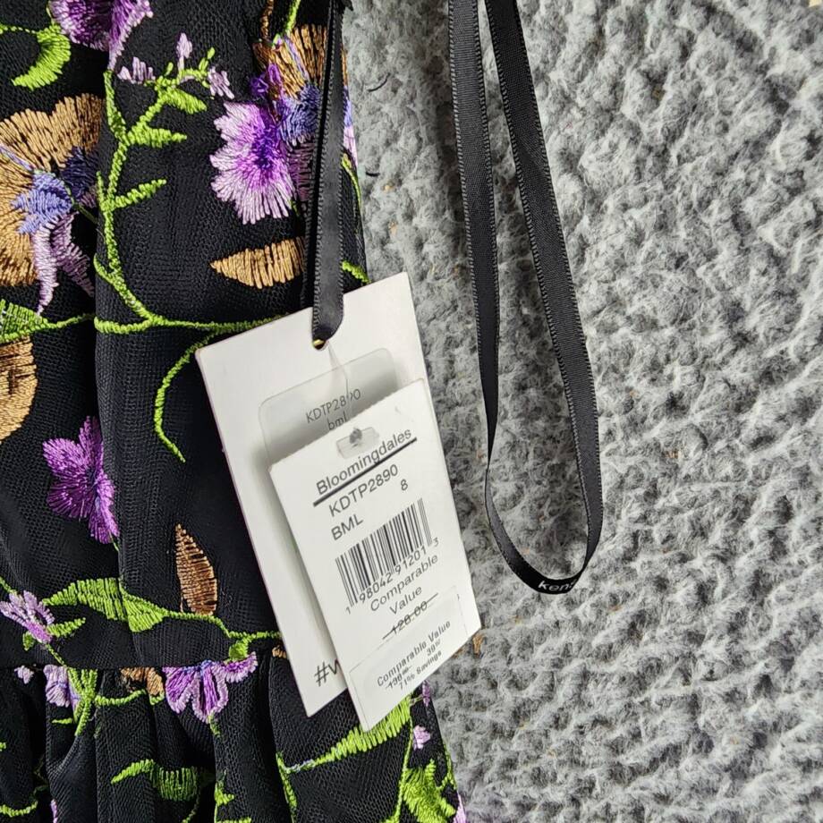 Kensie Floral Embroidered Mesh Fit & Flare Midi Dress Women's 8 Black Multi