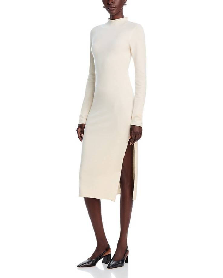 French Connection Side Slit Sweater Dress Women's XL Oatmeal Melange Mock Neck