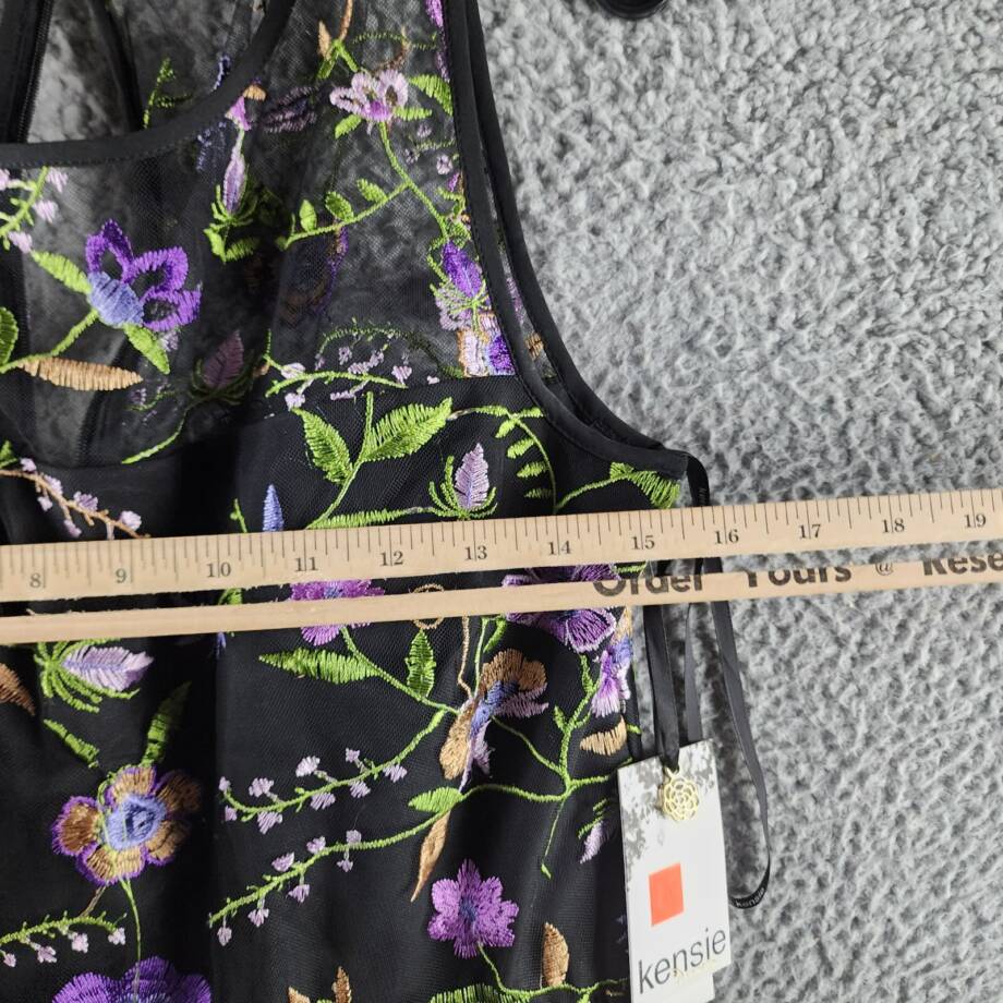 Kensie Floral Embroidered Mesh Fit & Flare Midi Dress Women's 8 Black Multi