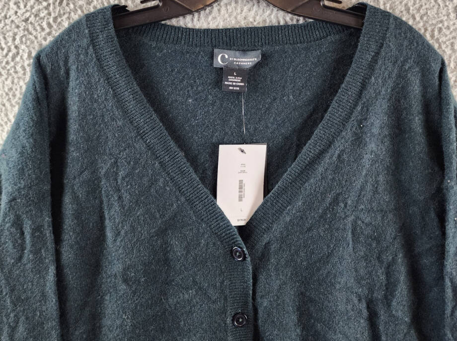 C by Bloomingdale's Cashmere V Neck Cardigan Women's L Dark Green Button Closure