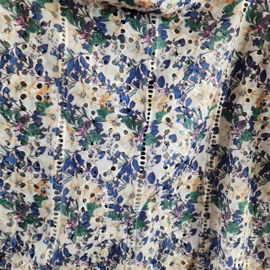 Gracia Floral Eyelet Hi-Low Top Women's M Multi Open Back Short Sleeve Pullover