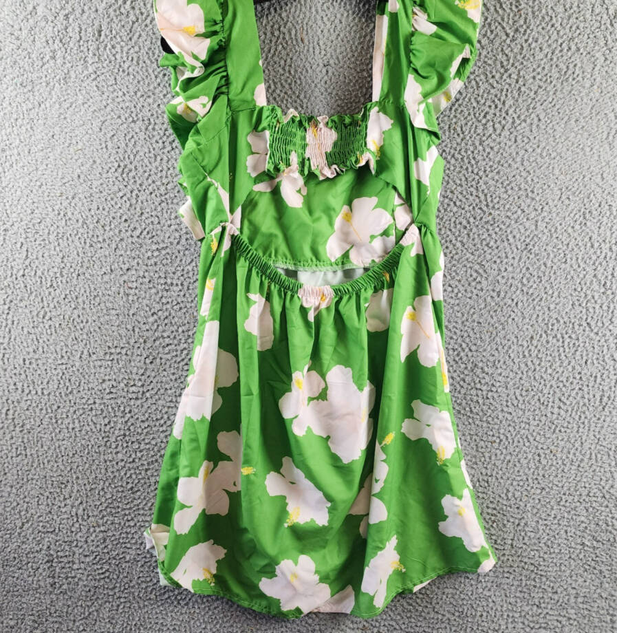 The Lulo Project Smocked Cutout Back Mini Dress Womens M Green Hibiscus Pullover