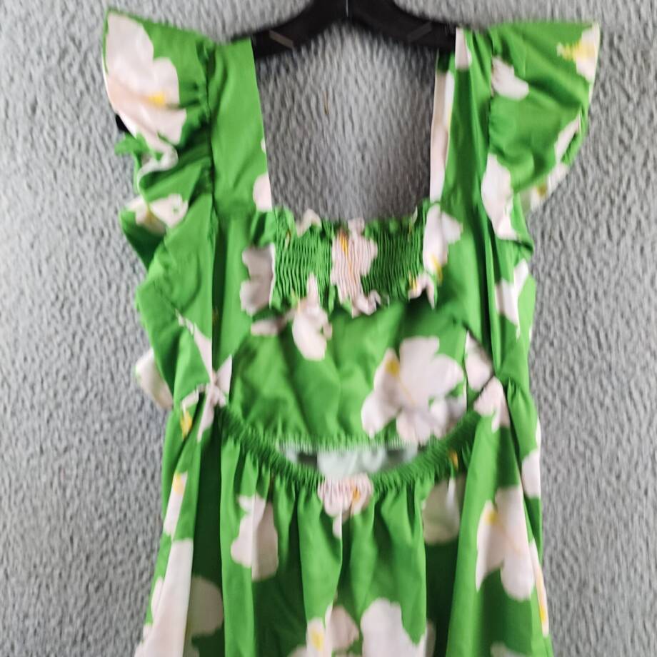 The Lulo Project Smocked Cutout Back Mini Dress Womens M Green Hibiscus Pullover